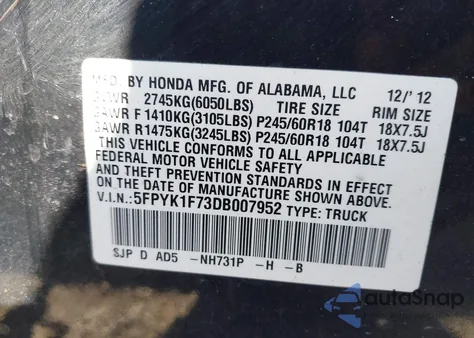 2013 Honda Ridgeline Sport из США, поврежденный, VIN 5FPYK1F73DB007952